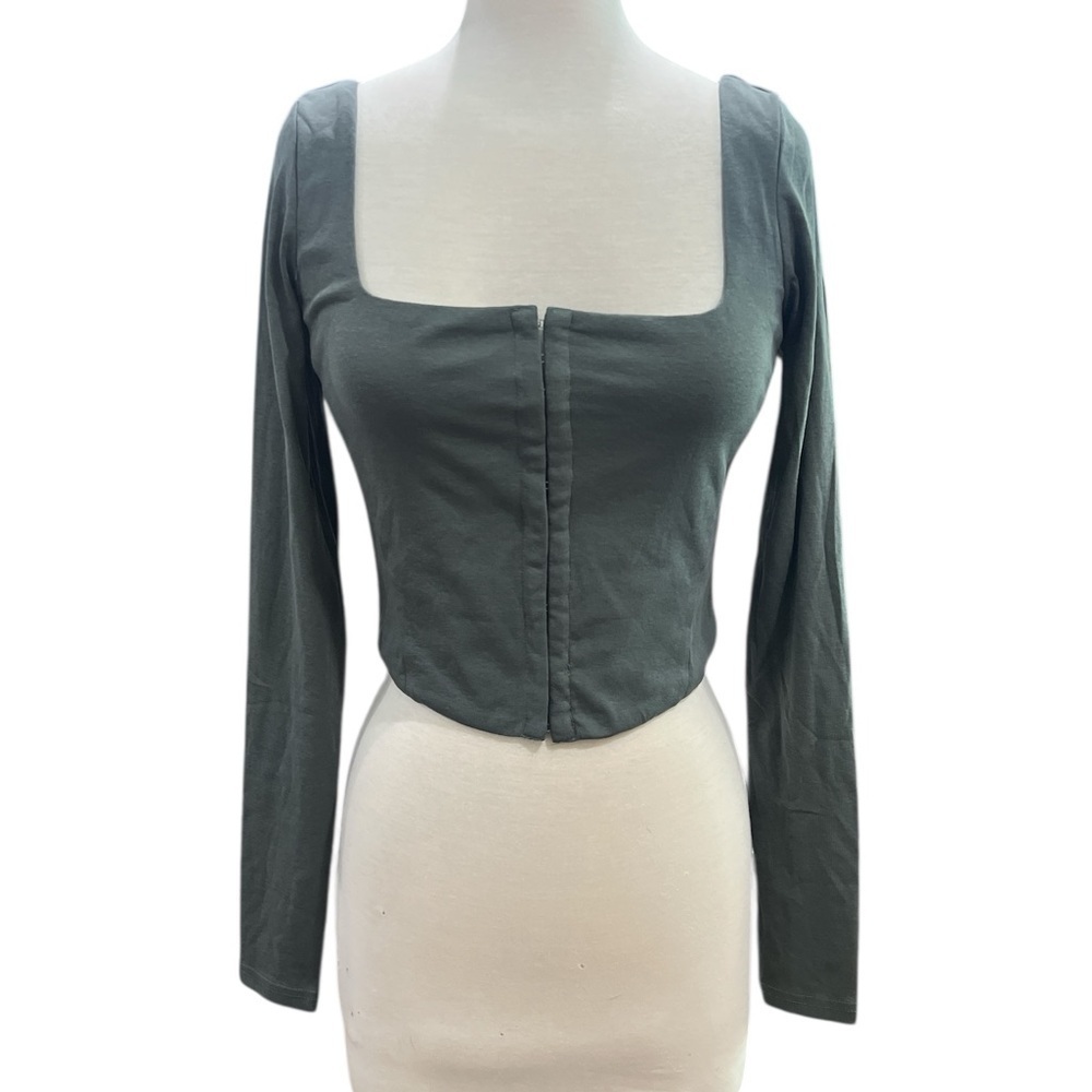 MABLE Green Front Seam Corset Long Sleeve Crop Top Short Rib Corset Bohemian Top